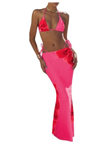 RoseSeek Women's 3 Piece Floral Swimsuit Halter Triangle String Bikini with Bodycon Beach Skirts Cover Up Hot Pink Large | Amazon (US)