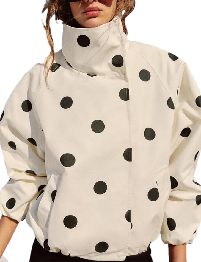 Women's Polka Dot Bomber Jacket Stand Collar Snap Button Coat Outwear | Amazon (US)