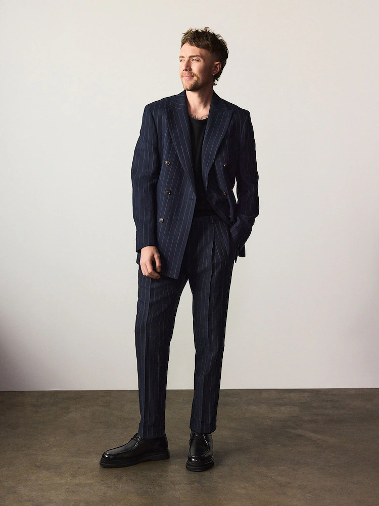 Navy Tailored Fit Signature Leomaster Italian Wool Linen Stripe Suit Trousers | Next US