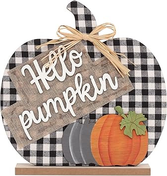 Super Holiday Fall Hello Pumpkin Sign Decorations, 12"/30CM Wooden Autumn Buffalo Plaid Tabletop ... | Amazon (US)