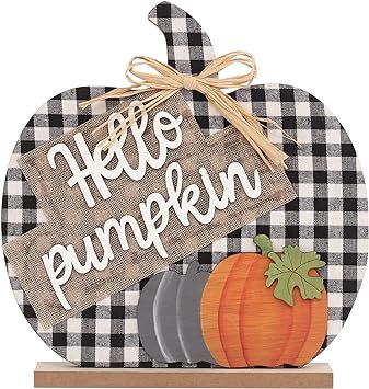 Amazon.com: Super Holiday Fall Hello Pumpkin Sign Decorations, 12"/30CM Wooden Autumn Buffalo Pla... | Amazon (US)