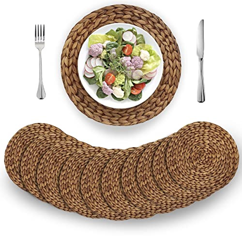 (4 Sizes: 12"-13"-14"-15") BARIEN Brown Woven Placemats Round Set of 10, Natural Water Hyacinth Weave Placemat for Dining Table, Large Handmade Woven Placemats Heat Resistant Non-Slip (12" - Set 10) | Amazon (US)