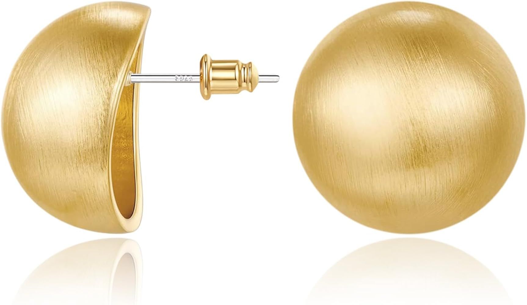 Chunky Gold Stud Earrings for Women 14K Gold Plated 925 Sterling Silver Brushed Half Ball Stud Ea... | Amazon (US)