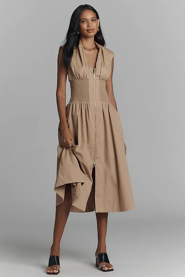 The Tommie Cap-Sleeve Smocked Front-Zip Shirt Dress | Anthropologie (US)