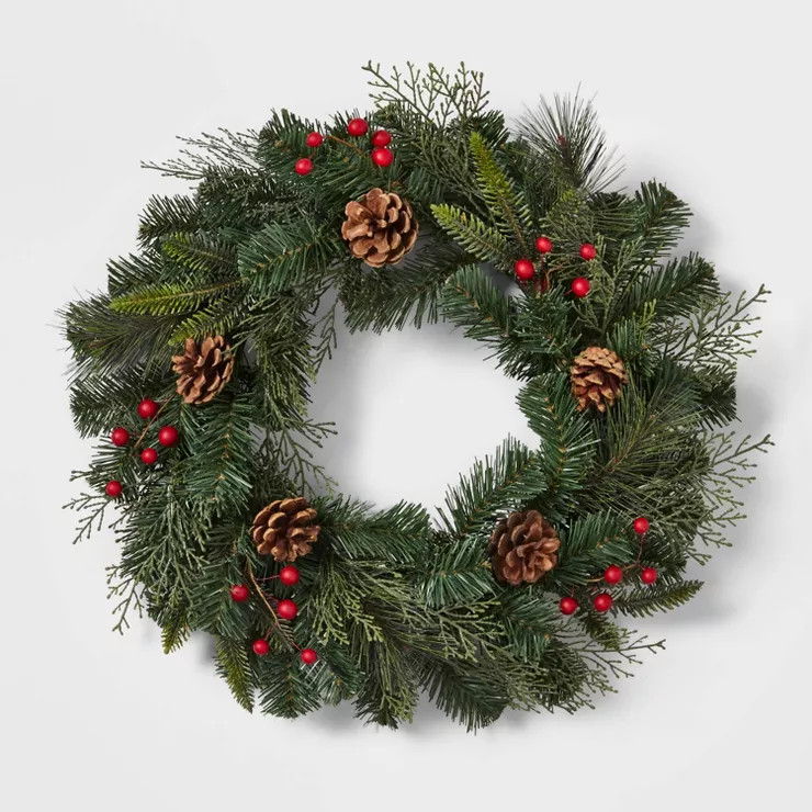 22" Mixed Greenery Artificial Christmas Wreath with Pinecones & Red Berries - Wondershop&... | Target