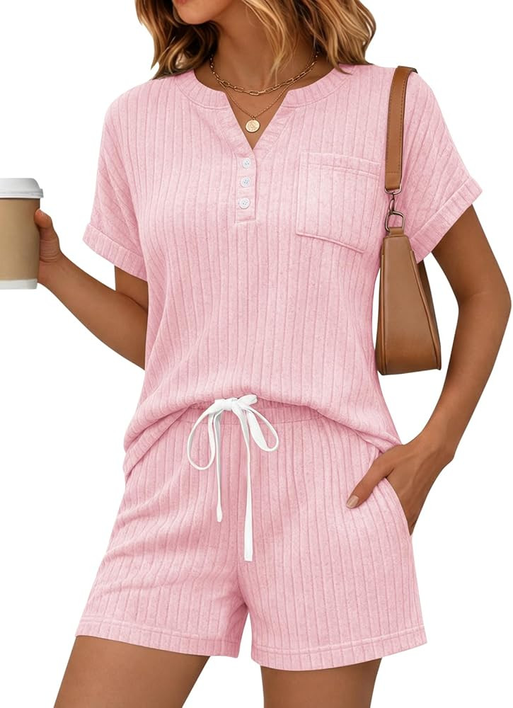 Yousify 2 Piece Short Sets for Women Summer 2026 Lounge Short Sleeve Henley Outfits Sweatsuit wit... | Amazon (US)
