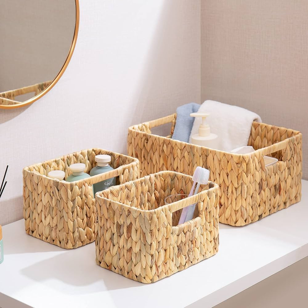 ELONG HOME Wicker Storage Basket, 3 Pack Hand-Knitted Wicker Baskets, Water Hyacinth Storage Bask... | Amazon (US)