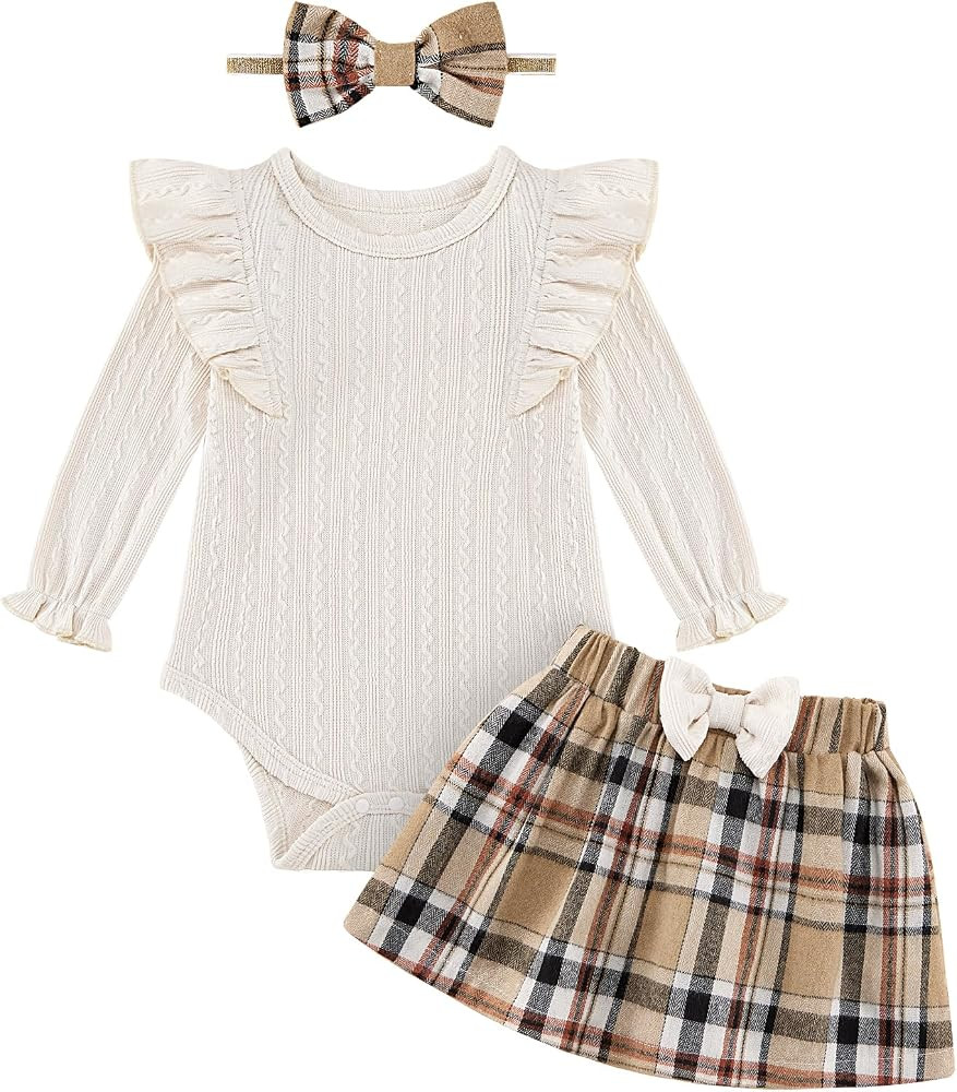 Weixinbuy Baby Girl Fall Clothes Outfits Newborn Infant Long Sleeve Romper Plaid Skirt with Headb... | Amazon (US)