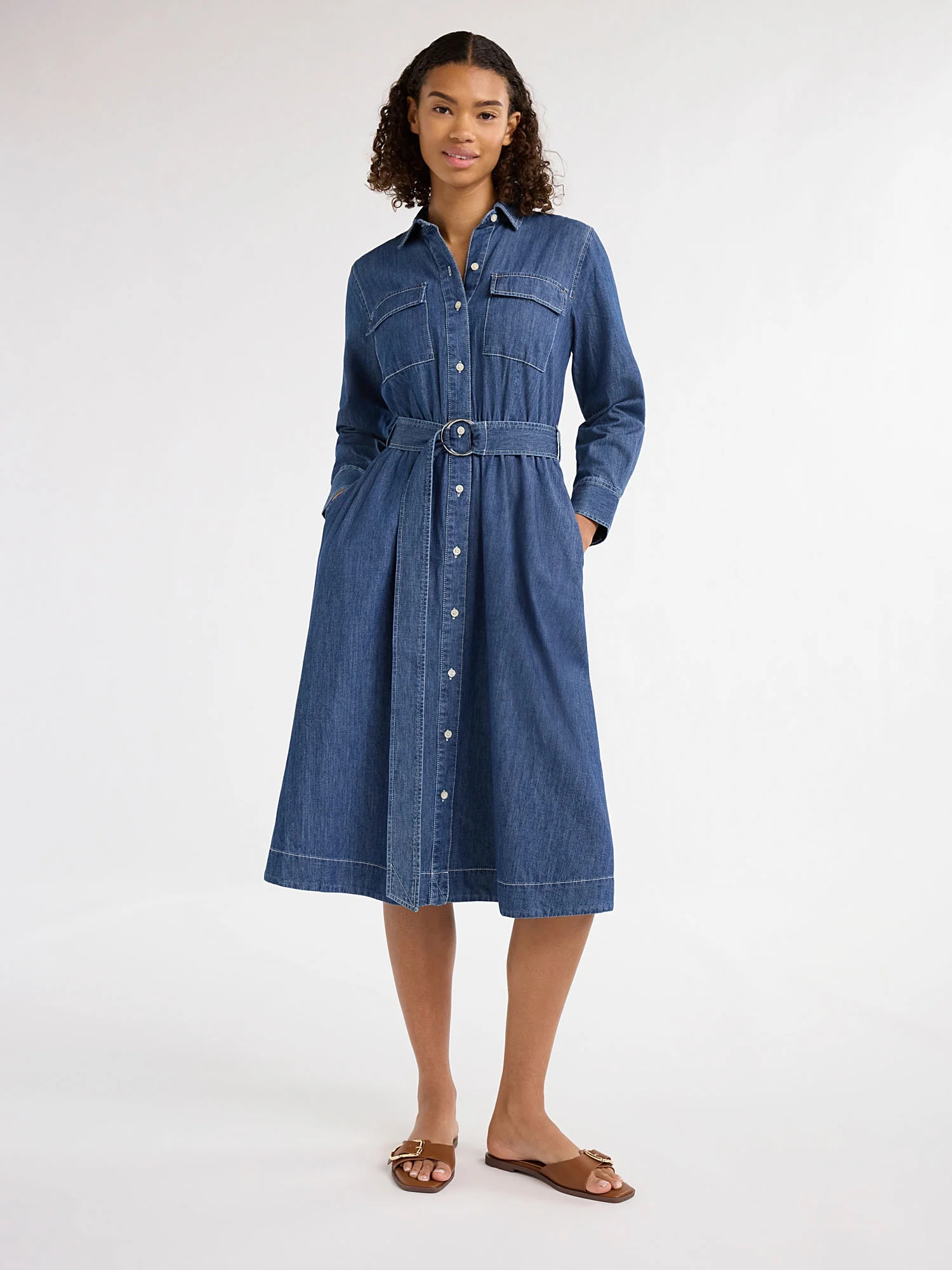 Free Assembly Women's and Women's Plus Belted Midi Shirtdress with Long Sleeves, Sizes XS-4X - Wa... | Walmart (US)