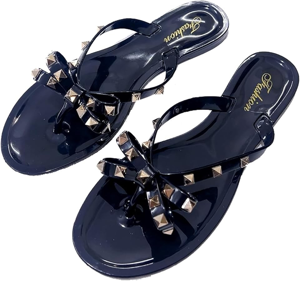 Women's Studded Bow Jelly Flat Flip Flops Fashion Comfort Open Round Toe Slip On Thong Slipper Sa... | Amazon (US)