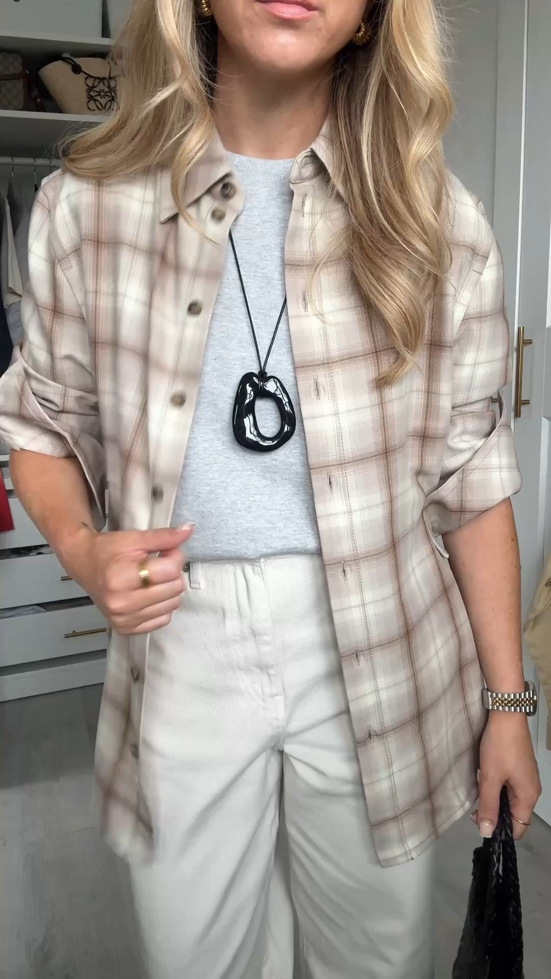 Casual transitional outfit with off white jeans and a checked shirt 

#LTKautumn #LTKpetite #LTKsale