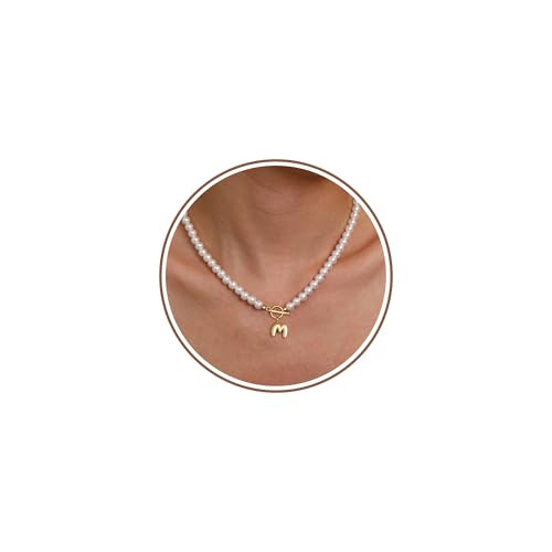 Initial Necklaces for Women, Gold Plated Necklace Letter M Pearl Necklace Stocking Stuffers Teens Anniversary Birthday Gifts for Wife Mom Jewelry | Amazon (US)