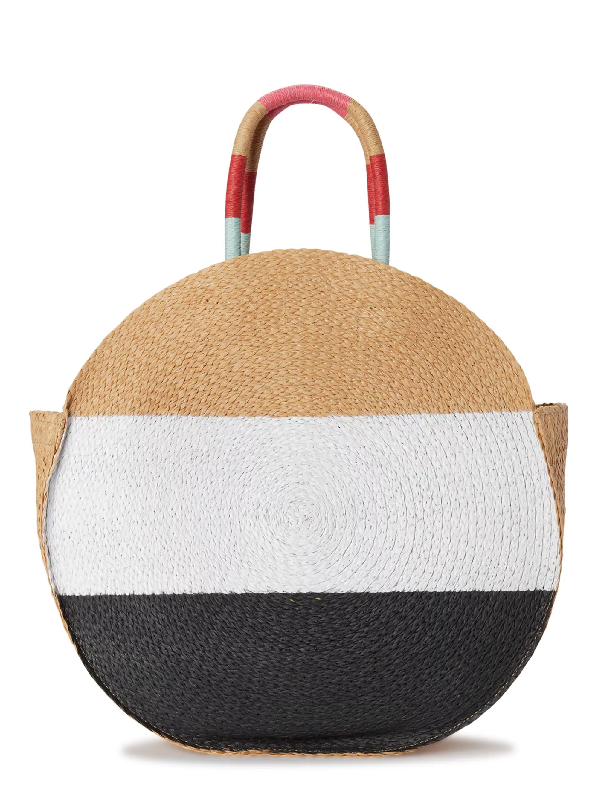 Time and Tru Women's Striped Straw Circle Tote Bag with Inner Slip Pocket Black Multi | Walmart (US)