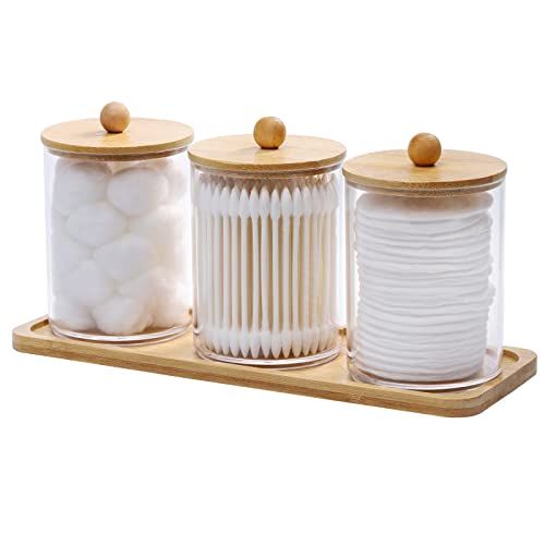 Tbestmax 10 Oz Cotton Swab/Ball/Pad Holder with Vanity Tray, Qtip Apothecary Jar, Clear Bathroom ... | Amazon (US)