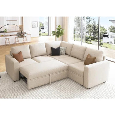 Modular Sectional Sleeper Sofa With Pull Out Bed, L Shaped Couch With Storage Seat, Convertible Sectional Couches For Living Room, Beige | Wayfair North America