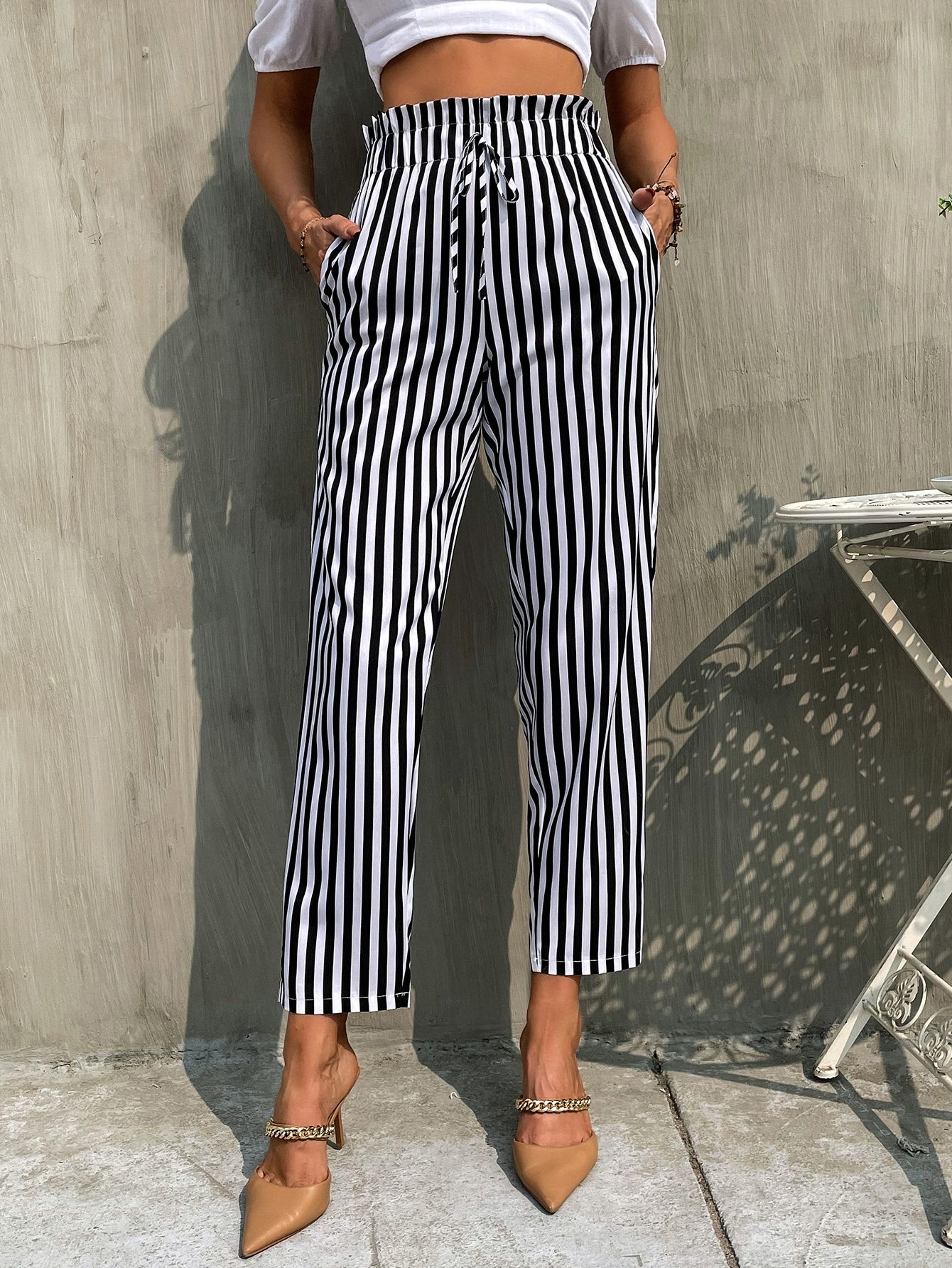 Stripe Frill Waist Knot Front Pants | SHEIN