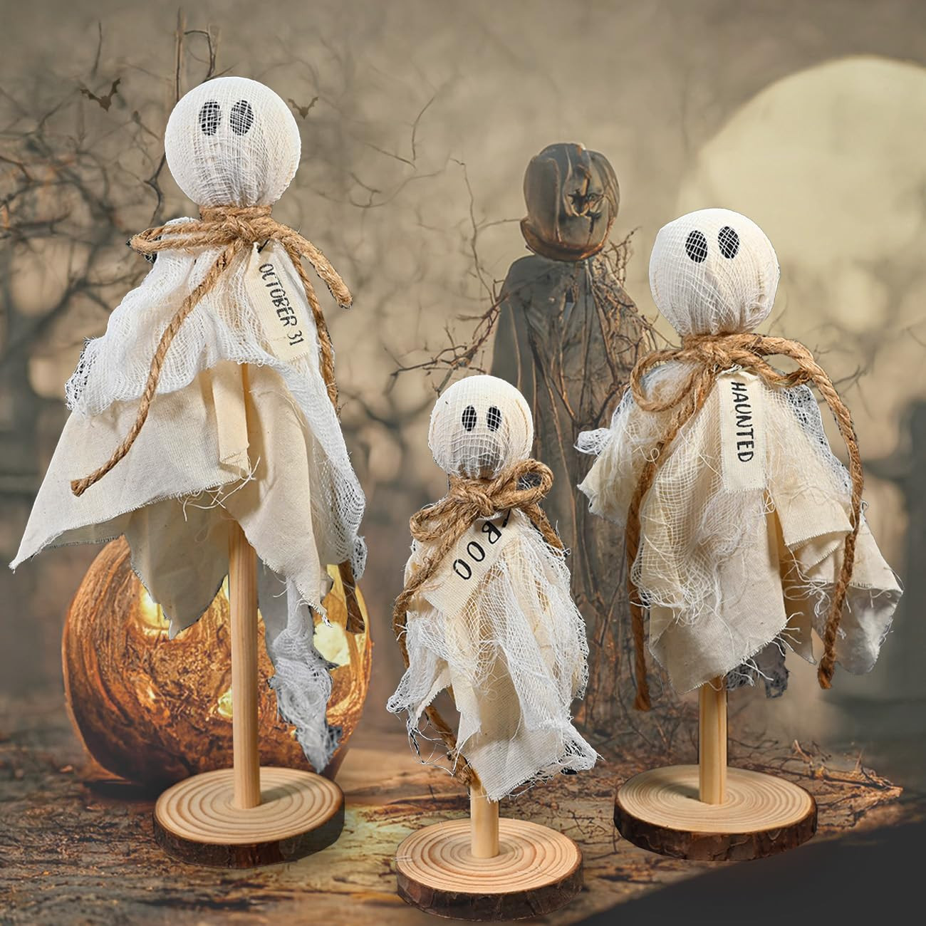 Halloween Table Decor - 3 Pcs Primitive Ghost on Wooden Stand - Halloween Decorations Indoor Cute... | Amazon (US)