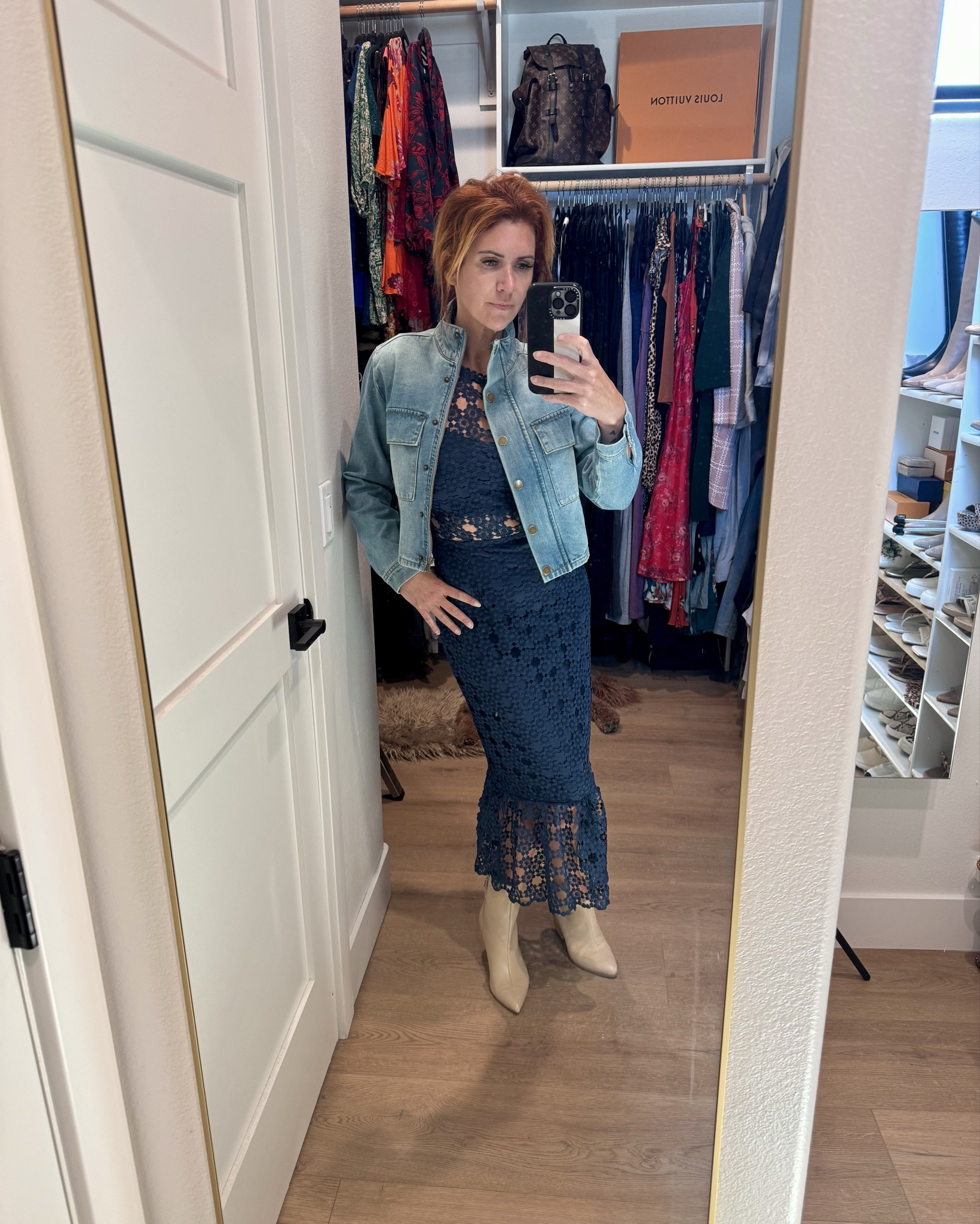 Graduation guest outfit 💙 

#jeanjacket #navybluelacedress #weddingguestdress

Jean jacket size xxs 
Dress size 4

#LTKPetite #LTKU #LTKSeasonal