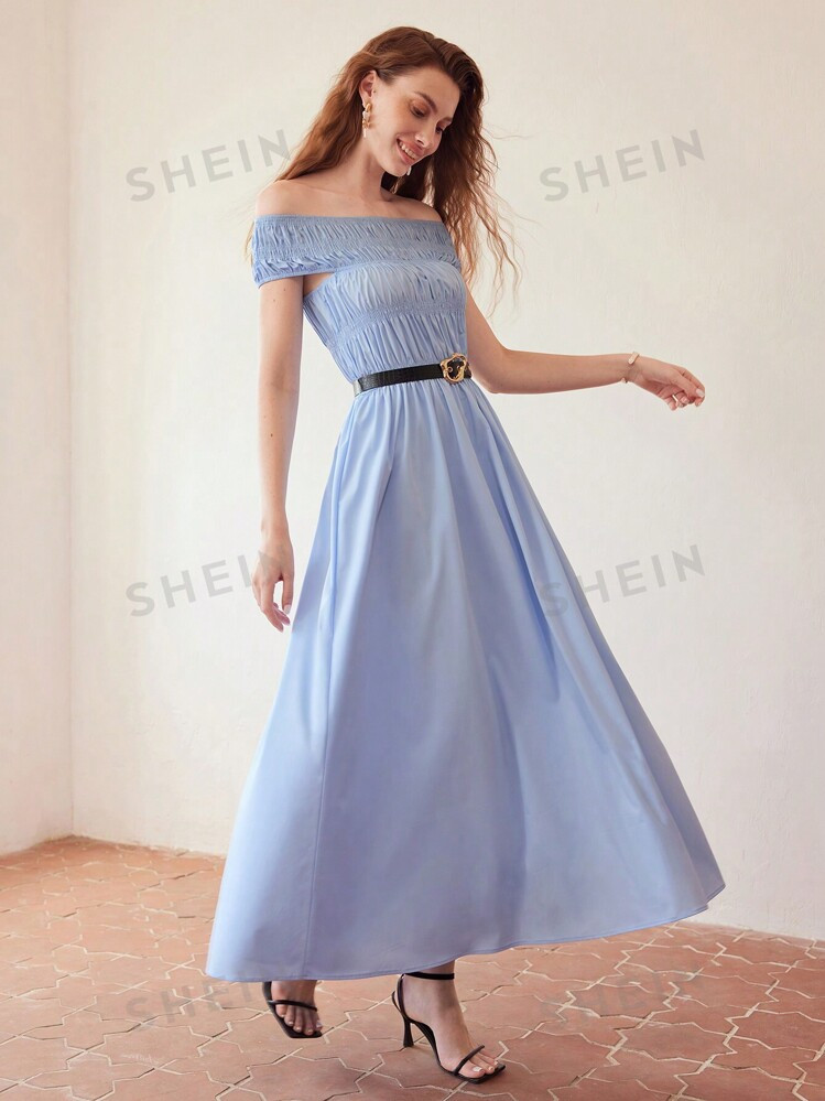 MOTF PREMIUM SOLID OFF SHOULDER SHIRRED BODICE FLARE HEM DRESS | SHEIN