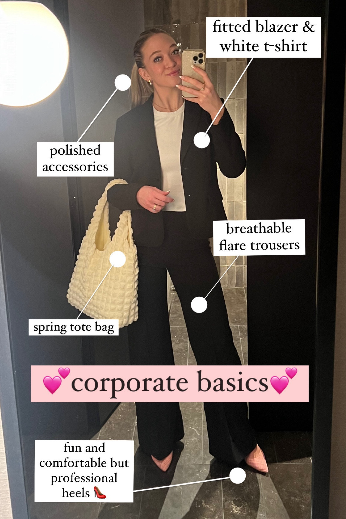All of my favorite workwear basics! Perfect for working in the office or for work travel (I wore this for client meetings I traveled to in New York). 
My go-to workwear basics:
Calvin Klein black fitted blazer
Amazon black trousers/dress pants
Amazon bubble tote bag 
Aritzia white t-shirt
Charles David pink heels
Mejuri earrings, bracelet, and necklace 

Worn outfit, office outfit, corporate outfitt



#LTKtravel #LTKfindsunder50 #LTKworkwear