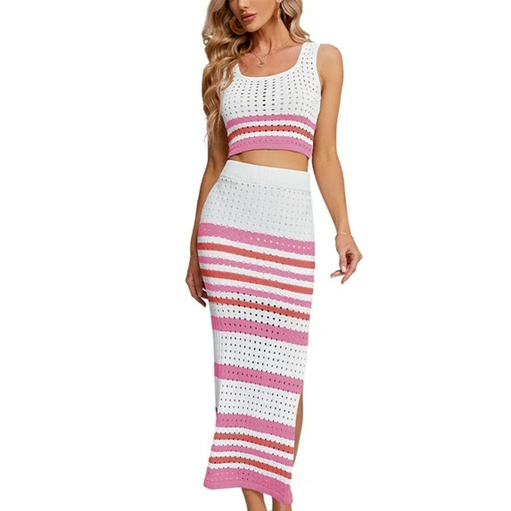Womens 2 Piece Sets Summer Striped Crochet Knit Coverup Sleeveless Crop Tank Top Bodycon Maxi Ski... | Walmart (US)
