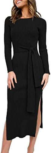 ANRABESS Womens Long Sleeve Sweater Dress Crew Neck Slim Fit Slit Tie Waist 2025 Ribbed Knit Body... | Amazon (US)