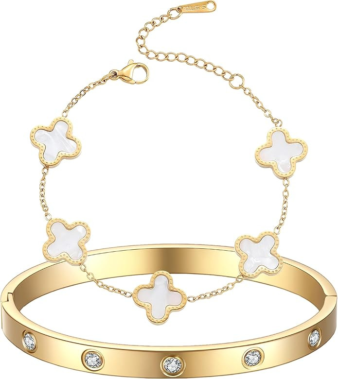 18K Gold Plated Clover Bracelet Love bangle Set for Women Stack Cute Fashion Simple Friendship Br... | Amazon (US)