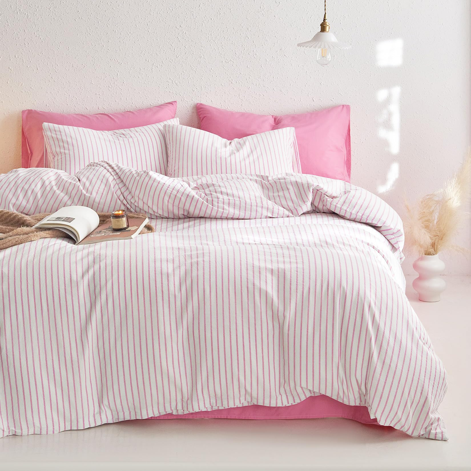 Wake In Cloud - Striped Cotton Duvet Cover Set, Ticking Stripe Vertical Pinstripe Farmhouse, 100%... | Amazon (US)