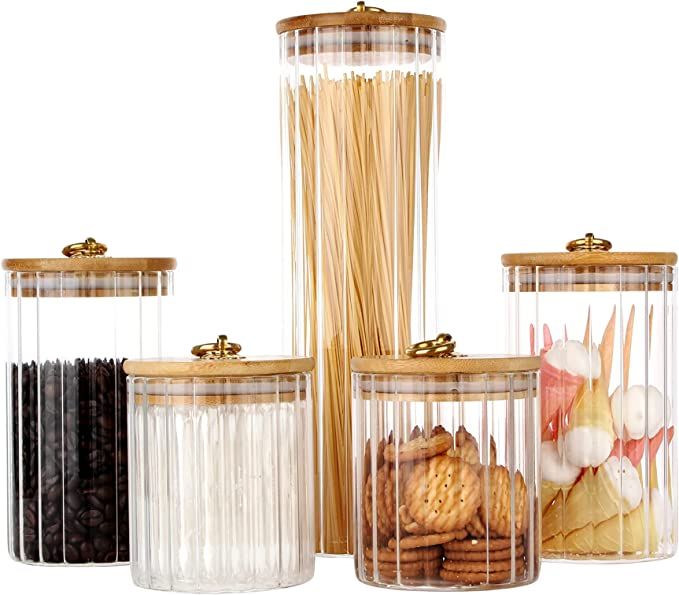 Amazon.com: Glass Storage Jars Set of 5, Decorative Coffee Bar Container with Airtight Bamboo Lid... | Amazon (US)