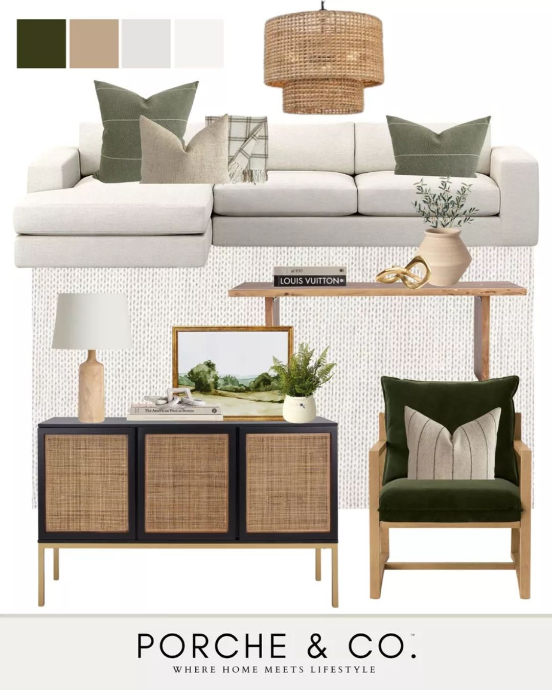 Modern classic curated collection, green accents, neutral living room, modern classic living room
#visionboard #moodboard #porcheandco

#LTKHome #LTKStyleTip