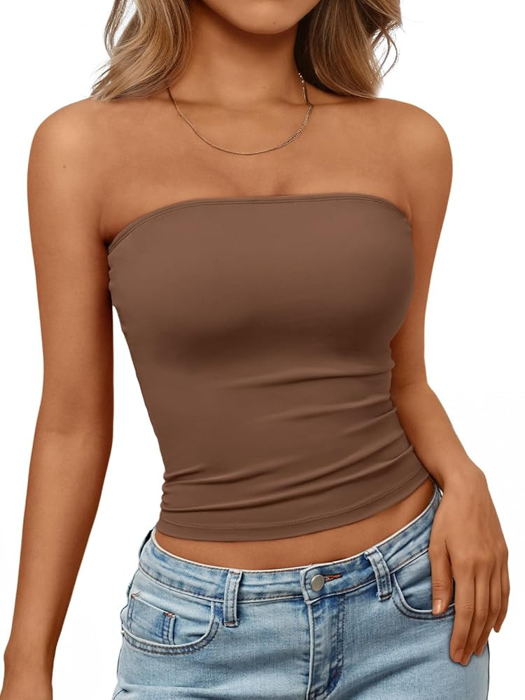 Trendy Queen Womens Strapless Tube Tops Basic Backless Sleeveless Bandeau Going Out Crop Tops Cut... | Amazon (US)