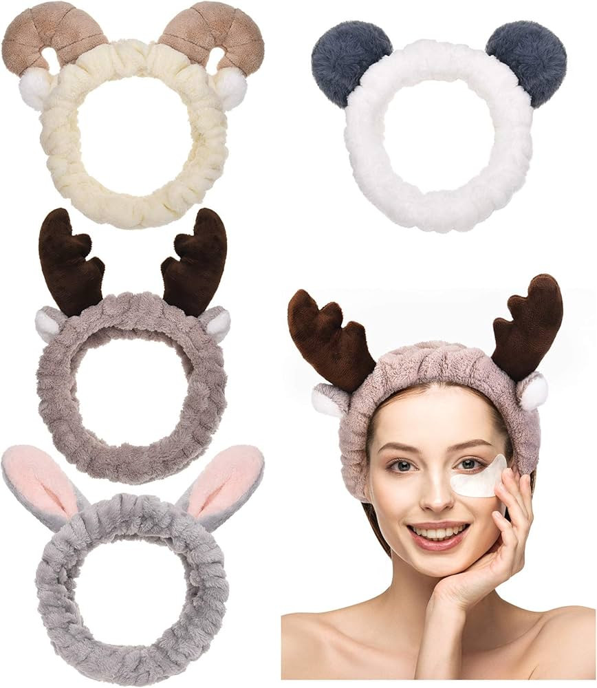 Chuangdi 4 Pcs Animals Ears Headbands Cute Spa Fuzzy Headband Elastic Face Washing Turban Hair Ba... | Amazon (US)