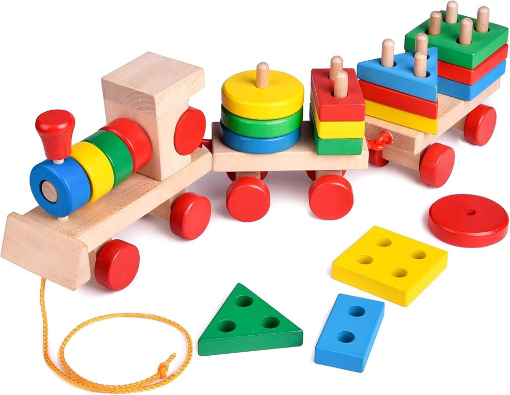 FUN LITTLE TOYS Stacking Train, Shape Sorter Wooden Toys(23 pcs), Sorting & Stacking Toys for Tod... | Amazon (US)