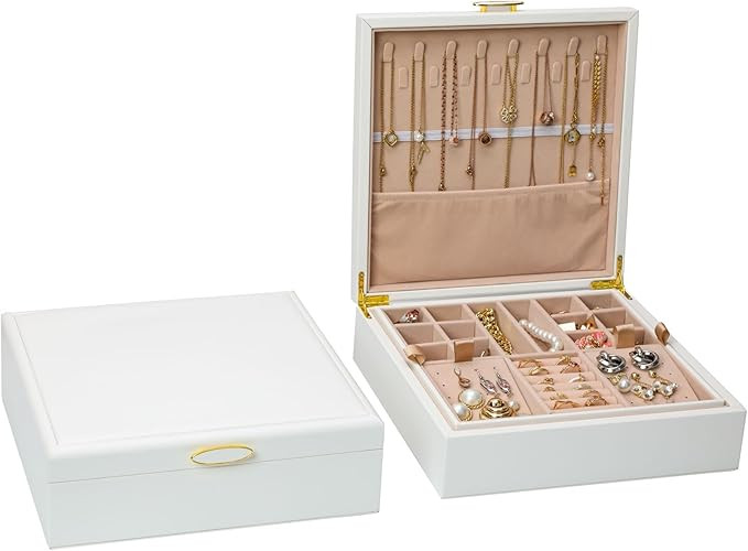 Jewelry Box Organizer for Women,White 2 Layer jewelry Stoarge Case,Built in Necklace Hook and Det... | Amazon (US)