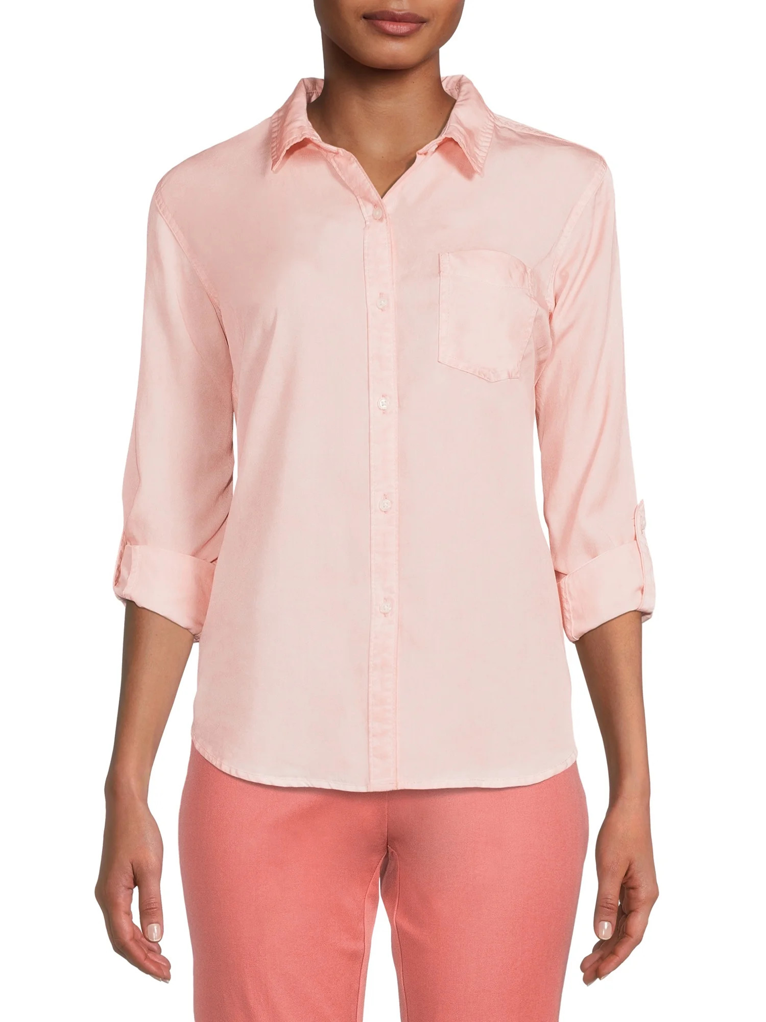 Time and Tru Women's Soft Button Front Shirt with Long Sleeves | Walmart (US)