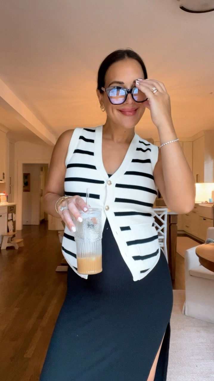 Black midi dress, striped vest, mesh ballet flats, blue light sunglasses, glass coffee cup

#LTKBump
