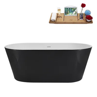 59" Streamline Soaking Glossy Black Freestanding Tub With Internal Drain in Matte Black | Wayfair North America
