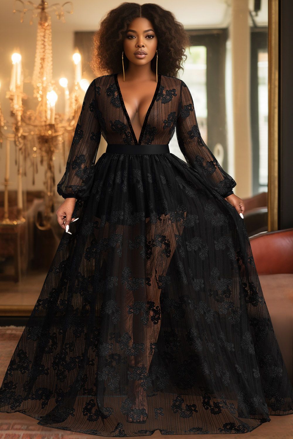 Xpluswear Design Plus Size Party Maxi Dresses Black Fall Winter V Neck Tulle Long Sleeve See-Thro... | Xpluswear