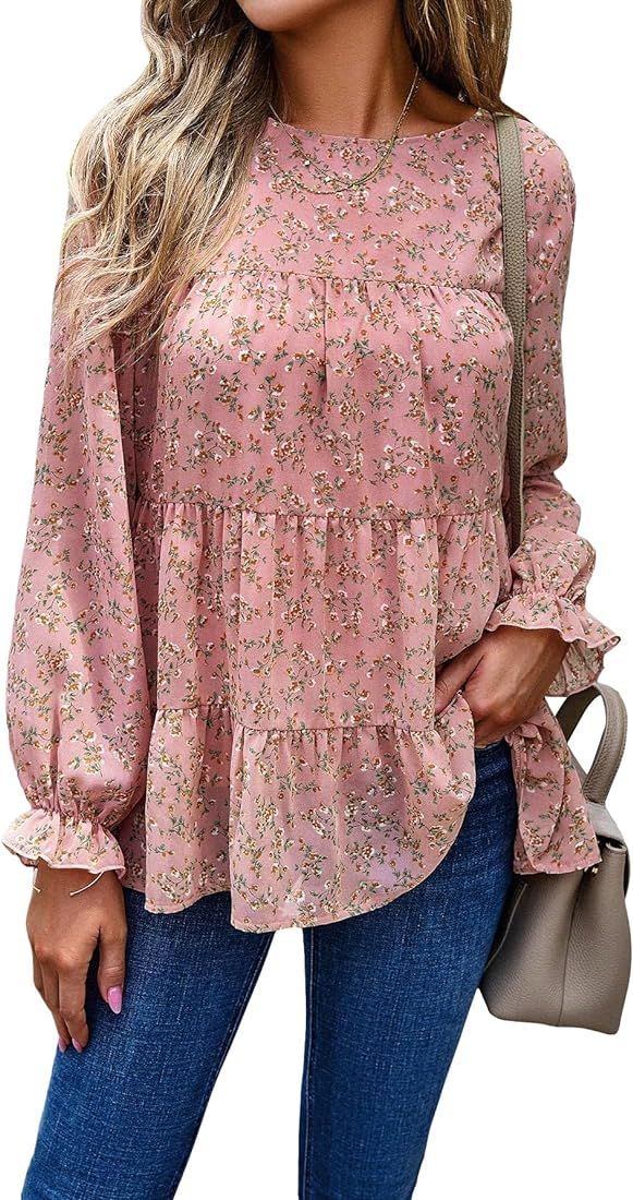 SHENHE Women's Casual Floral Long Sleeve Ruffle Hem Blouse Shirt Top | Amazon (US)