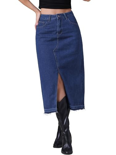 CIMUK Women's Denim Skirt High Waist Front Slit Raw Trim Hem Pencil Skirt with Pockets Midi Jean Skirts X-Large Dark Blue | Amazon (US)