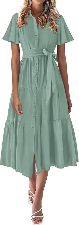 KIRUNDO Summer Wedding Guest Shirt Dresses For Women Maxi Flowy Short Sleeve Belted Tiered Button... | Amazon (US)