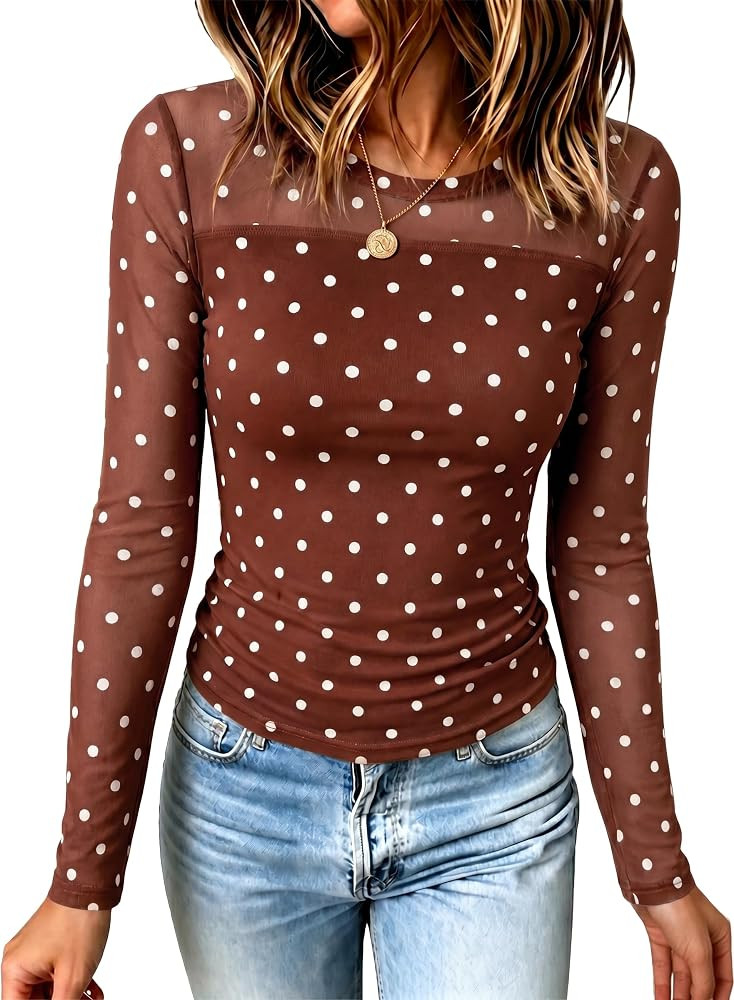 Tankaneo Womens Polka Dot Mesh Long Sleeve T-Shirt Y2K Sheer Going Out Tops | Amazon (US)