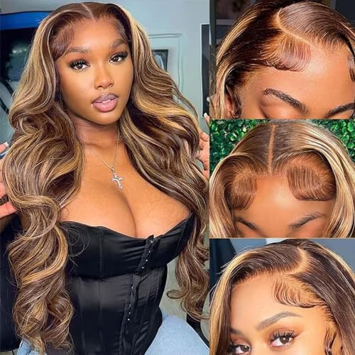Aicrelery 26 Inch Highlight 13x6 Body Wave HD Transparent Lace Front Wigs Human Hair 4/27 Honey B... | Amazon (US)