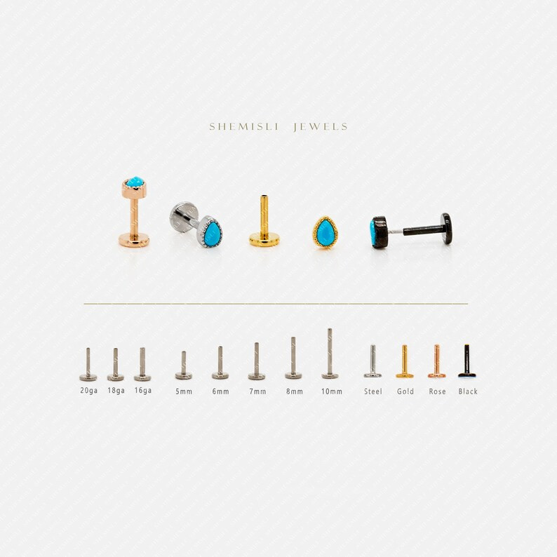 Tiny Teardrop Turquoise Push Pin Labret Stud, Threadless Flat Back Earrings 20, 18, 16ga, 5, 6, 7... | Etsy (US)