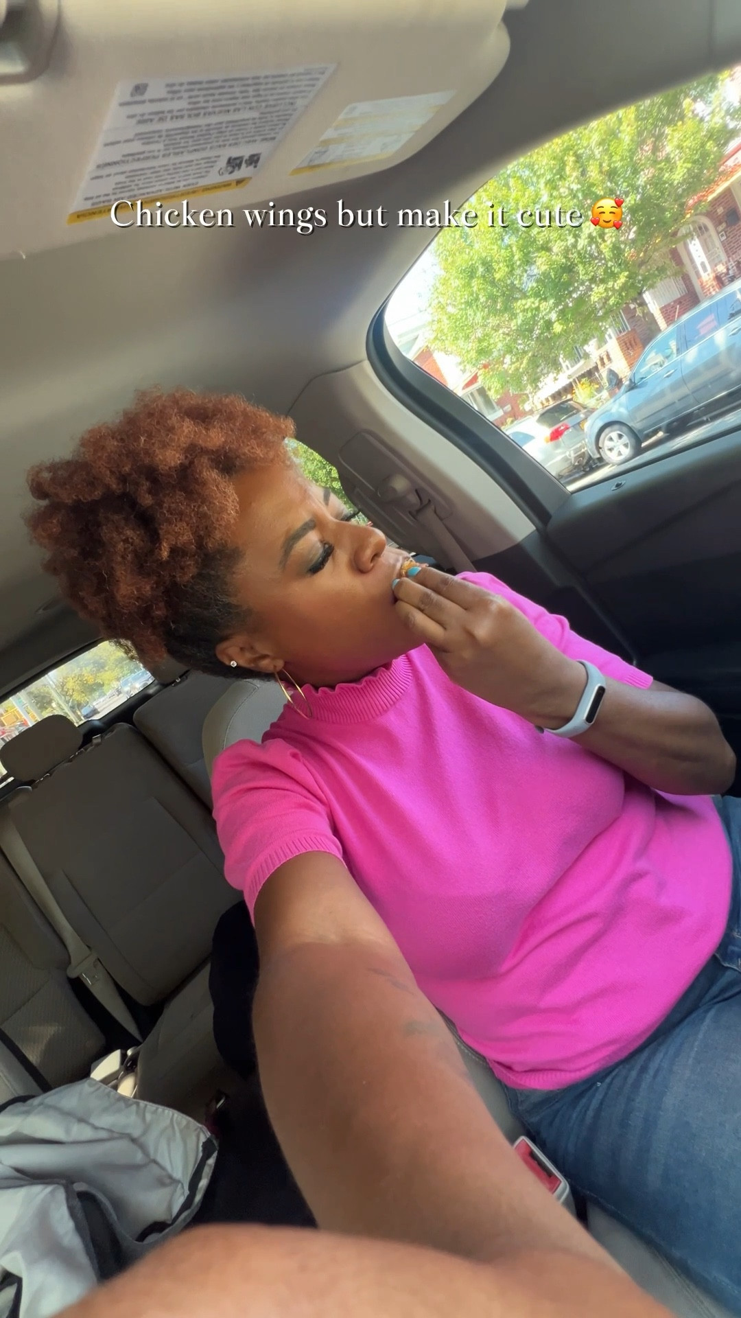 Chicken wings + casual fits 😌✨ 

Wearing a pink mock turtleneck, jeans, gold hoops, and my hair up with my signature PuffCuff. The perfect vibe for a perfect day!