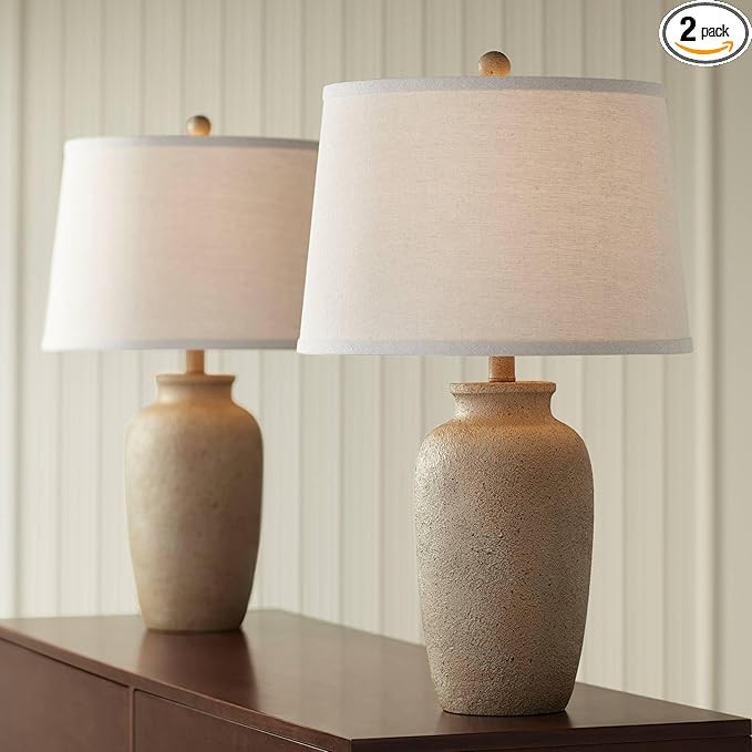 Regency Hill 25 1/2" High Farmhouse Rustic Coastal Country Cottage Table Lamps Set of 2 Beige Fab... | Amazon (US)