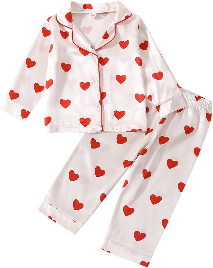 BULINGNA Kids Toddler Girl Valentine's Day Pajamas Set Heart Print Pajamas Top Pants Satin Two Pi... | Amazon (US)