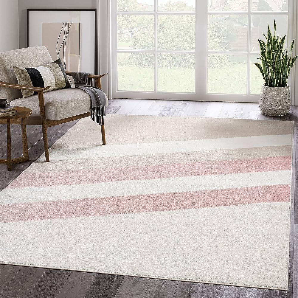Abani Rugs Ivory and Beige 5’3” x 7’6” (5'x8') Contemporary Rug. Pink Diagonal Lines and ... | Amazon (US)