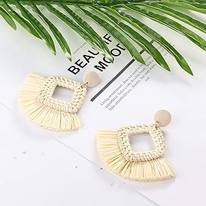 FUNRUN JEWELRY Rattan Tassel Earring for Women Straw Wicker Drop Dangle Raffia Earring Geometric ... | Amazon (US)