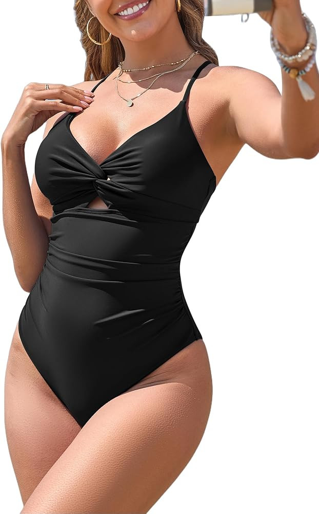 ZAFUL Women's One Piece Swimsuits Cut Out Tummy Control Twist Front Bathing Suit Sexy Tie Back Pu... | Amazon (US)
